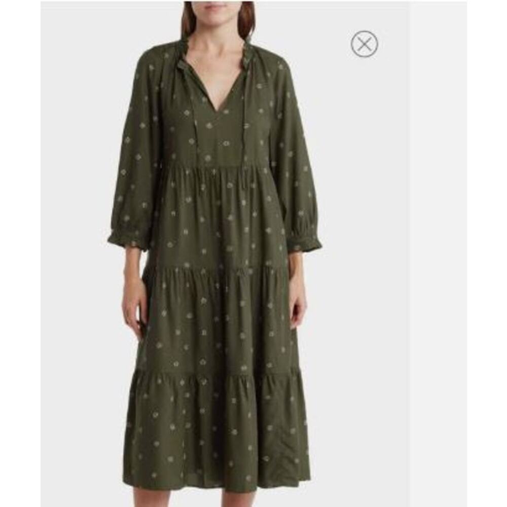 Madewell Small Tiered Midi Shift Dress Olive Green Tie Neck Jacksonville Stardot